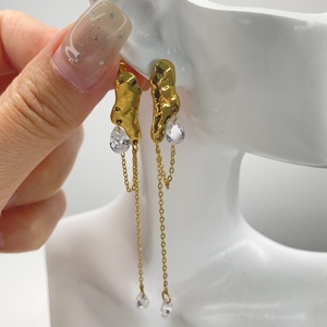 Waterproof Women's Stainless Steel Gold Plated Drop Earrings with Crystal Tassel <b>Chain</b> - Product Image 1