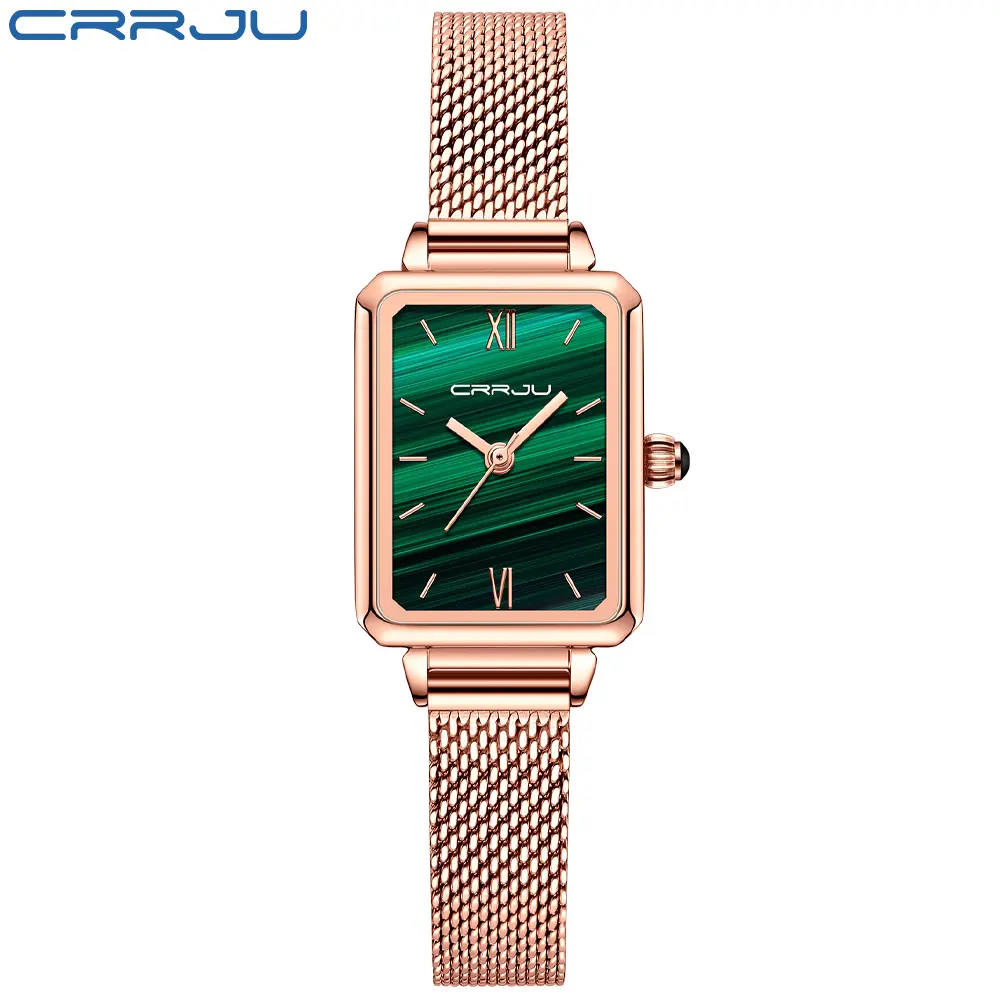 CRRJU 2173 wholesale rose gold women quartz watch stylish Mesh band rectangle analog display Simple Casual watch setCRRJU watch