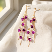 Anting Bunga Mawar Mewah Prancis, Anting Panjang Berumbai Rhinestone, Anting Gantung Floral untuk Wanita, Perhiasan Fashion