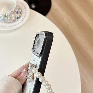 Custodia per telefono in PU con fiocco di strass, catena di perle e laccetto, design di lusso con motivo pelle di serpente per <span class=keywords><strong>iPhone</strong></span> 17 Pro Max, 17, 16, 15, 14 - Product Image 4