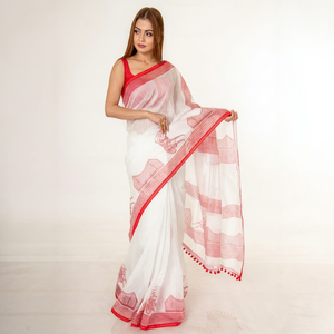 Sari de Algodón Blanco con Estampado Digital Rojo y Borlas para Mujer, Ropa Tradicional India, Estilo Casual, Largo Regular, Estilo Bollywood - Product Image 1