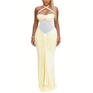 Vestido maxi de noche para mujer con cuello halter, malla calada, fruncido, drapeado y abertura - Moda - Product Image 3