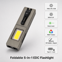 Lampe de poche LED pliable 790lm COB, lampe de travail avec laser vert UV 365nm, RGB 7 couleurs, clip magnétique Type-C, lampe de poche EDC