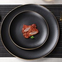 Assiettes à dîner en porcelaine PITO pour l'hôtellerie-restauration, couleur noire, vaisselle de cuisine, assiettes à dîner en porcelaine avec bord doré pour restaurant