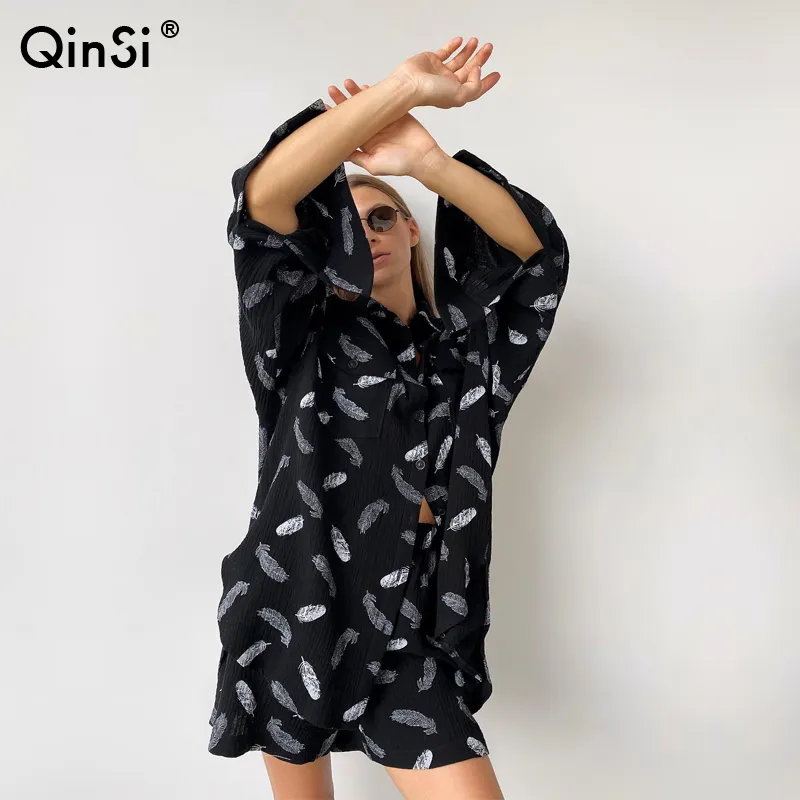 QINSI 2023 100% coton à manches longues pyjamas pour femmes automne nouveau dans les vêtements de nuit imprimés pour femmes revers simple boutonnage pyjamas décontractés