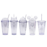 Gobelet en plastique transparent réutilisable, de 20 oz, avec Double paroi, avec couvercle et paille isolante
