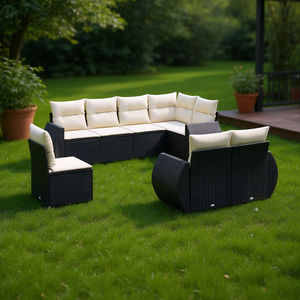 Conjunto de Sofá de Jardín Negro y Crema, Mimbre Sintético para Exteriores con Cojines de Espuma de Alta Densidad, Diseño Contemporáneo, Impermeable - Product Image 2