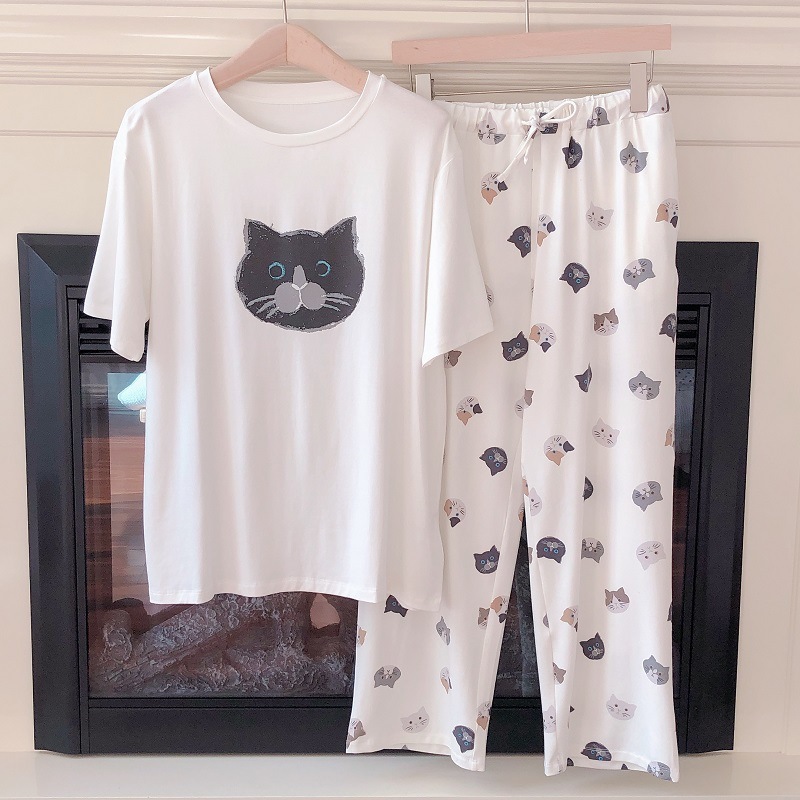 YIJIU Women's Cute Cat Print Pajama Set - Short Sleeve Top & Capri Pants, Soft Polyester, White XX-Large - View #4