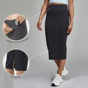 Luckpanther - Vestido esportivo macio de cintura alta para mulheres, saia casual de treino, com alta elasticidade e bolso oculto, saia longa para o ar livre