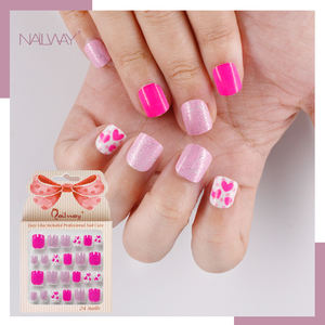 อุปกรณ์ทำเล็บ 24 ชิ้น/กล่อง เล็บปลอมแบบกดติด ลายกลิตเตอร์ น่ารัก สีสันสดใส ลายหัวใจ สำหรับเด็ก พร้อมกาว - Product Image 2