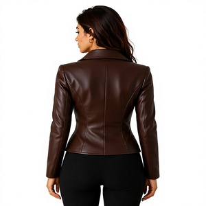 <b>Women</b>’s <b>Brown</b> <b>Leather</b> Peplum <b>Jacket</b> Long Sleeve Tailored Button Front Fashion Coat - Product Image 3