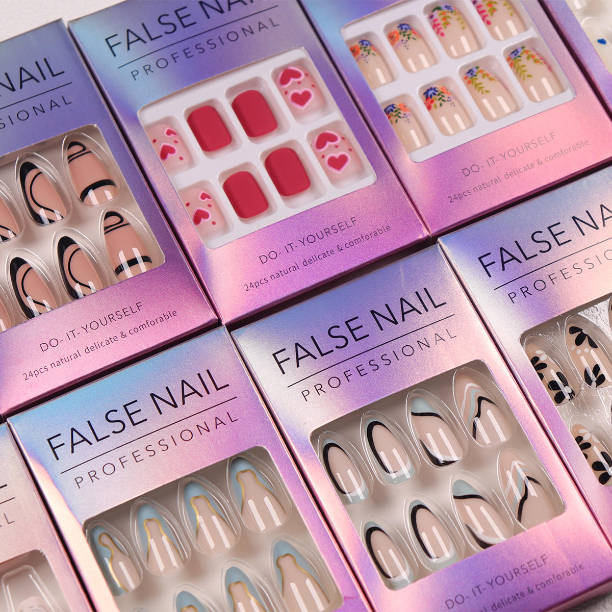 Wholesale Customized 24-Piece Acrylic Nails Laser-Etched Packaging ABS Long Tips Square Design Press-In Fittings for Fingers