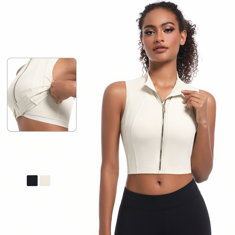 New Design High Neck Zipper Double Layer Tight High Strength Shockproof Vest Outdoor Fitness Gym Women Yoga Tank Top