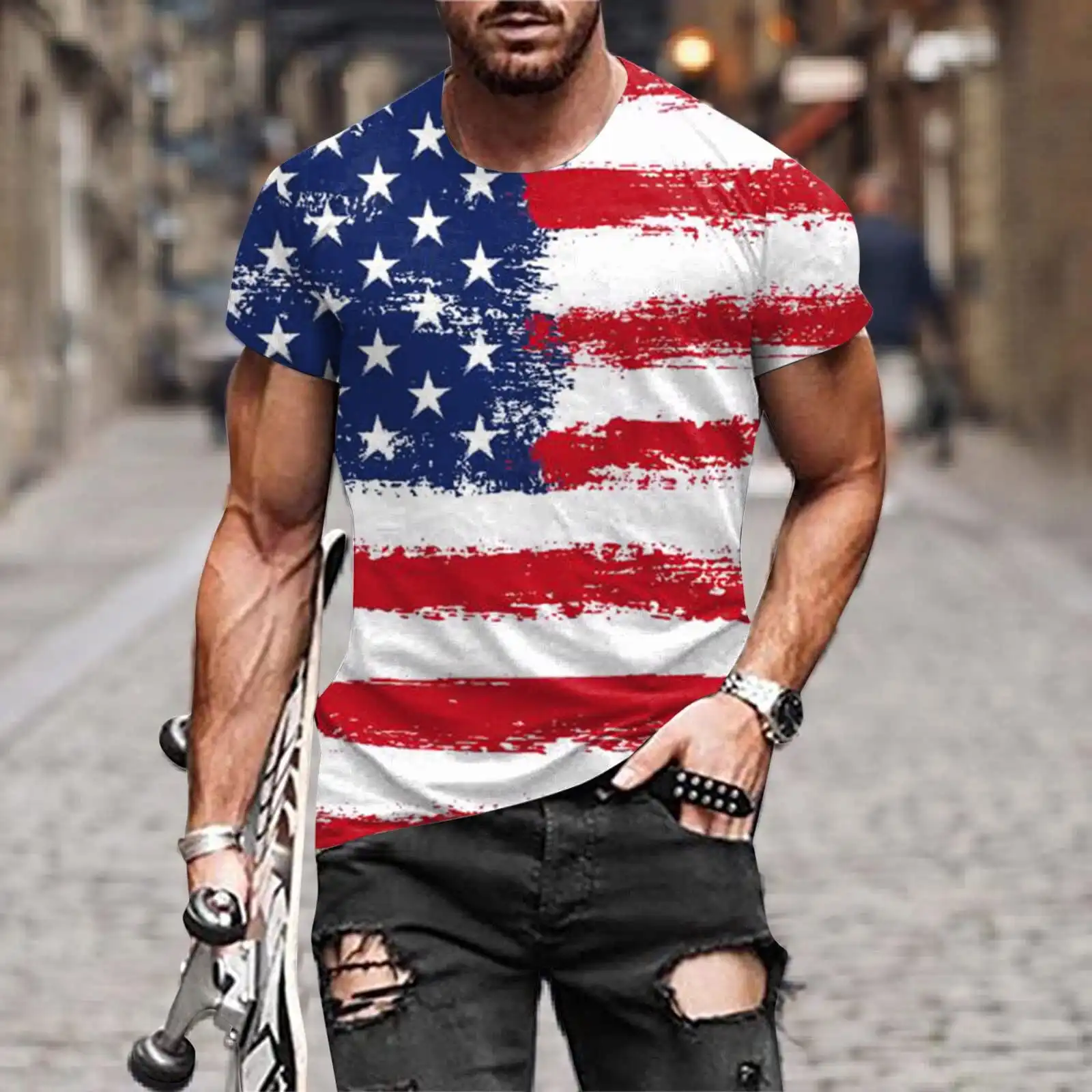 All'ingrosso uomo Trendy Tie Dye July 4t-shirt patriottica a stelle e strisce camicie USA Flag Vintage top estate Streetwear