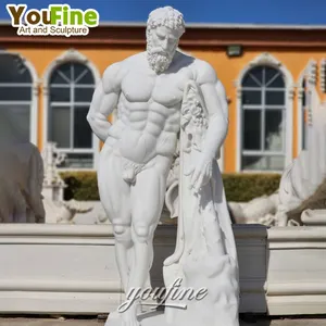 Statue de sculpture classique grandeur nature sculptée à la main en marbre blanc homme nu jeune Hercule
