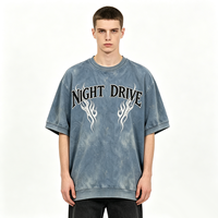 T-shirt court vieilli à manches courtes, col ras du cou, ourlet côtelé, motif flamme blanche en relief Kornit DTG, style streetwear