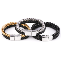 Bracelets en cuir véritable noir pour hommes, vente en gros 2023, avec chaîne en acier inoxydable coloré 18K personnalisée