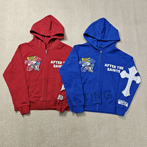 Ropa de calle personalizada para hombre de peso pesado 420 GSM bordado desgastado algodón francés Terry Rhinestone capucha Zip Up Hoodie - Product Image 5