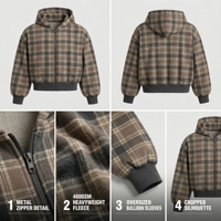 Sweat à capuche zippé unisexe de luxe en molleton de coton épais, coupe oversize et carrée, épaules tombantes, motif écossais, style streetwear vierge