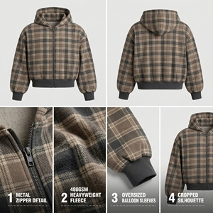 Sweat à capuche zippé unisexe de luxe en molleton de coton épais, coupe oversize et carrée, épaules tombantes, motif écossais, style streetwear vierge - Product Image 2