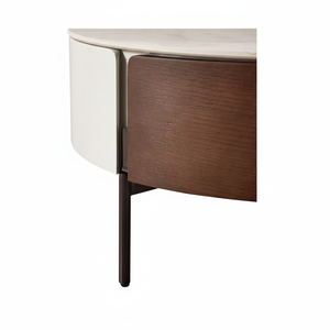 Tavolino da Caffè Moderno Rotondo Bianco in Vero Legno con Cassetti e Gambe in Metallo Dorato, Design Circolare - Product Image 1