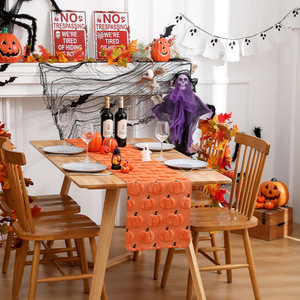 Halloween 3D Quilted Embroidered Pumpkin Table <strong>Runner</strong> 100% Polyester <strong>Washable</strong> &amp; Durable for Party and Home Decor - Product Image 2