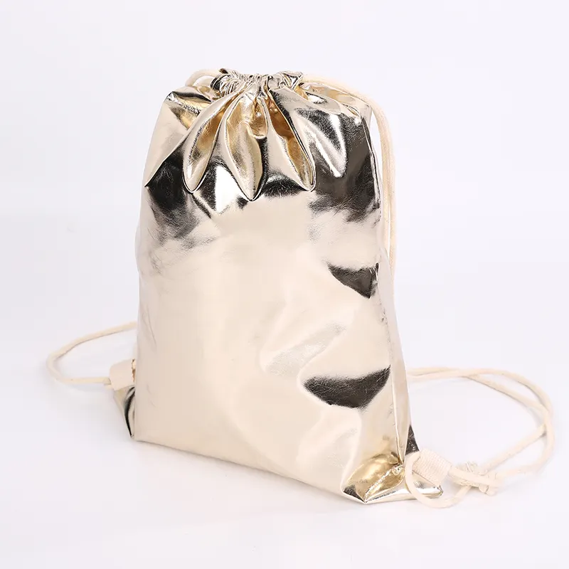 Custom Gold Silver metallic PU Drawstring Bag Backpack Shoulder Travel Sport Shoe Bag