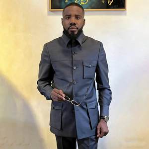 Completo <span class=keywords><strong>Safari</strong></span> Grigio per Uomo, Tinta Unita, Monopetto, Collo alla Coreana, Vestibilità Slim, Set 2 Pezzi Giacca e Pantaloni, <span class=keywords><strong>Abbigliamento</strong></span> Personalizzato per Matrimoni - Product Image 1