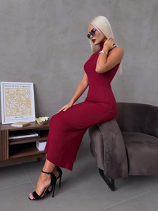 Vendita calda <span class=keywords><strong>abito</strong></span> da donna <span class=keywords><strong>in</strong></span> <span class=keywords><strong>maglia</strong></span> <span class=keywords><strong>bordeaux</strong></span> a costine <span class=keywords><strong>abito</strong></span> aderente dolcevita senza maniche con spacco posteriore per Party sera - Product Image 2