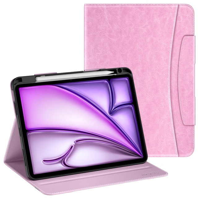 MoKo New Design Pink Tablet Cover Case Pen Holder Premium PU Leather Folio Stand Cover for iPad Air 11 Inch 2024 iPad Air 5 10.9