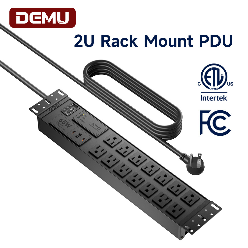 2U Server Rack Power Strip Dual Row 14 Outlet US PDU With 3900J Surge Protection Overload Switch PD 65W USB C Charging · image 4