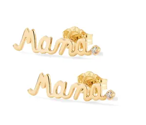 Handmade 18K Gold Plated Mama Stud Solo White Diamond Cubic Zircon 925 Sterling Silver Earrings for Women