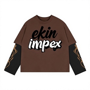Men Oversized Long Sleeve T-<b>Shirt</b> Streetwear <b>Flame</b> Patchwork Sleeve Brown Black Hip Hop Baggy Heavyweight Cotton Tee 2027 - Product Image 1