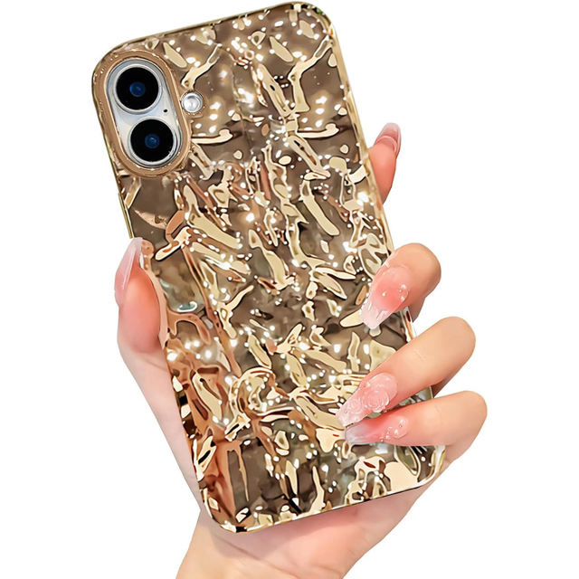 For iPhone 16 Case Cute Fashion Women Girly Luxury Tin Foil Pleated Design Phone Cases 3D Gold Sparkly Slim Soft Glossy Cover