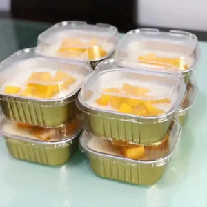 Z300 300Ml Afhaalmaaltijden Container Vierkant Dessertkommen Deksel Aluminiumfolie Plastic Gladde Wegwerp Gebak Pudding Beker