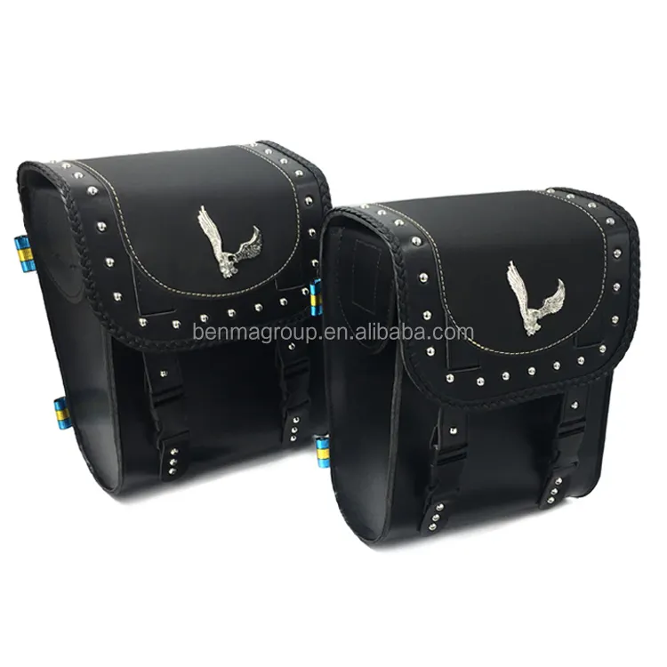 Motorcycle Customs Accessories Saddle Bags Black PU Leather Motorbike Luggage Side Bag