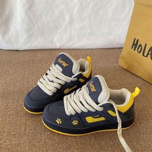 2026 Autumn Winter Hong Kong Retro Bread Shoes Women Dark Blue Yellow Color <b>Block</b> Ins Trend Thick Sole Versatile Casual Sneakers - Product Image 4