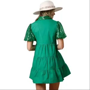 Summer Sequin Clover Green St.Patrick'day Women's Dress Puff Sleeve Custom Sequin Clover Button Fly Sequin Neck Women's Dress
