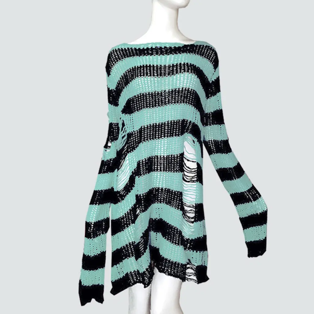 Womens Goth Punk Ripped Striped Long Sleeve Pullover Tops Sweater Dress