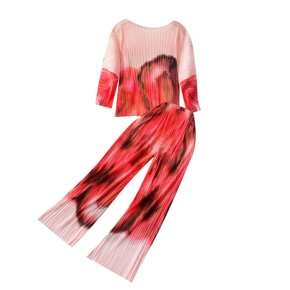 Spring and autumn gradual color change printed suit women's round neck casual trousers two-piece set