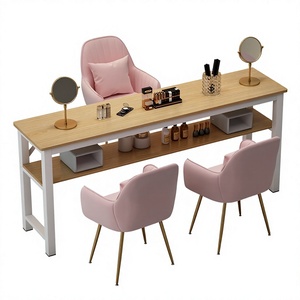 Wood Grain Nail <b>Table</b> Double Sink Salon Workstation Makeup <b>Vanity</b> <b>Table</b> with Storage Shelf - Product Image 1