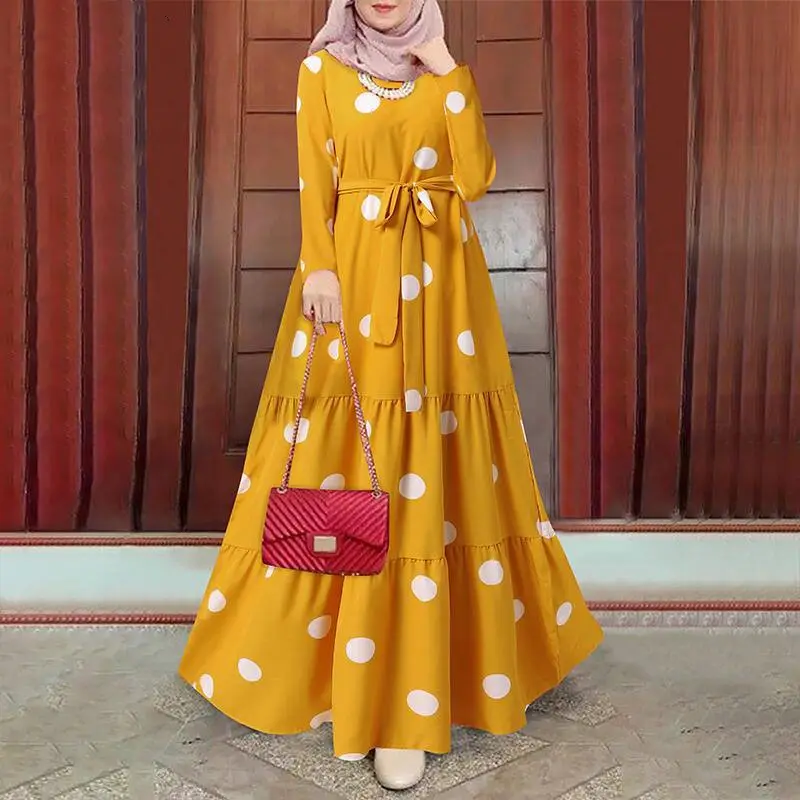 OEM Custom Women Spring abito musulmano elegante Casual allentato Abaya Kaftan prendisole a maniche lunghe a pois stampato o-collo Maxi Robe