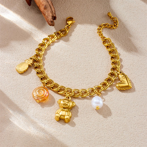 Fashionable Double Chain Gold Plated Stainless Steel Bracelet With Bear Pineapple Pearl Charms Women's Jewelry Gift - Product Image 2