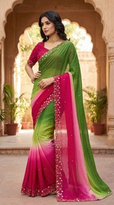 Reversible Silk <b>Saree</b> <b>Orange</b> Blue Ombre Design Embroidered Border Women Traditional Indian Wedding & Party Wear - Product Image 5
