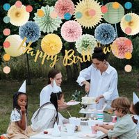 Décorations d'anniversaire pastel, décorations de fête rétro bohème arc-en-ciel avec bannière Joyeux Anniversaire, pompons, lanternes en papier pour femmes et filles