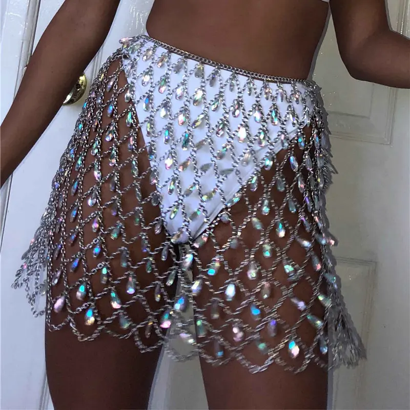 Cadeias Corporais Oco Malha Barriga Cadeia Praia Bikini Cintura Tecido Saias Acessórios Corporais Jóias Boho Rhinestone para Mulheres e Meninas