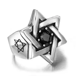 Six-pointed star fashion design silver mens ring black onyx stone stainless steel rings