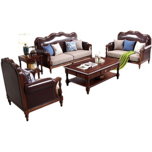 American Style Solid Wood Sofa Set Genuine Leather Living Room Furniture Combination Brown Coffee Table Set - Product Image 5