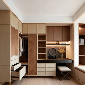 Dressing BALOM avec éclairage intégré et meuble-lavabo intégré, tons neutres et bois, configuration de garde-robe personnalisée - Product Image 3