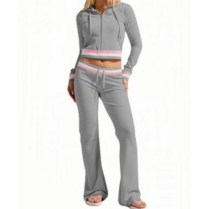 Stylish Pink Knit Set - Cropped Zip - up Hoodie High - Waist Flared <strong>Pants</strong>, <strong>Ribbed</strong> Knit Lounge Set Casual Wear - Product Image 3